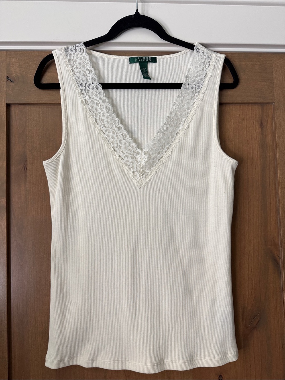 LAUREN RALPH LAUREN Lace Tank Top Womens L Cream V-Neck Ribbed Cotton Y2K 90’s